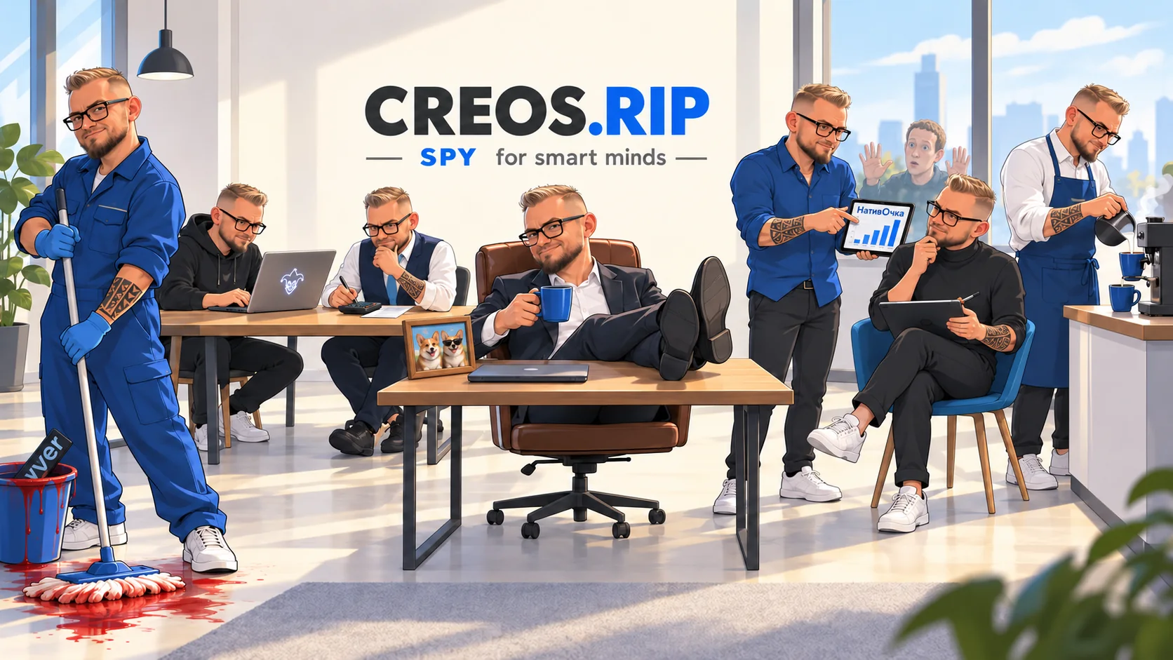 Семь персонажей команды CREOS.RIP в офисе